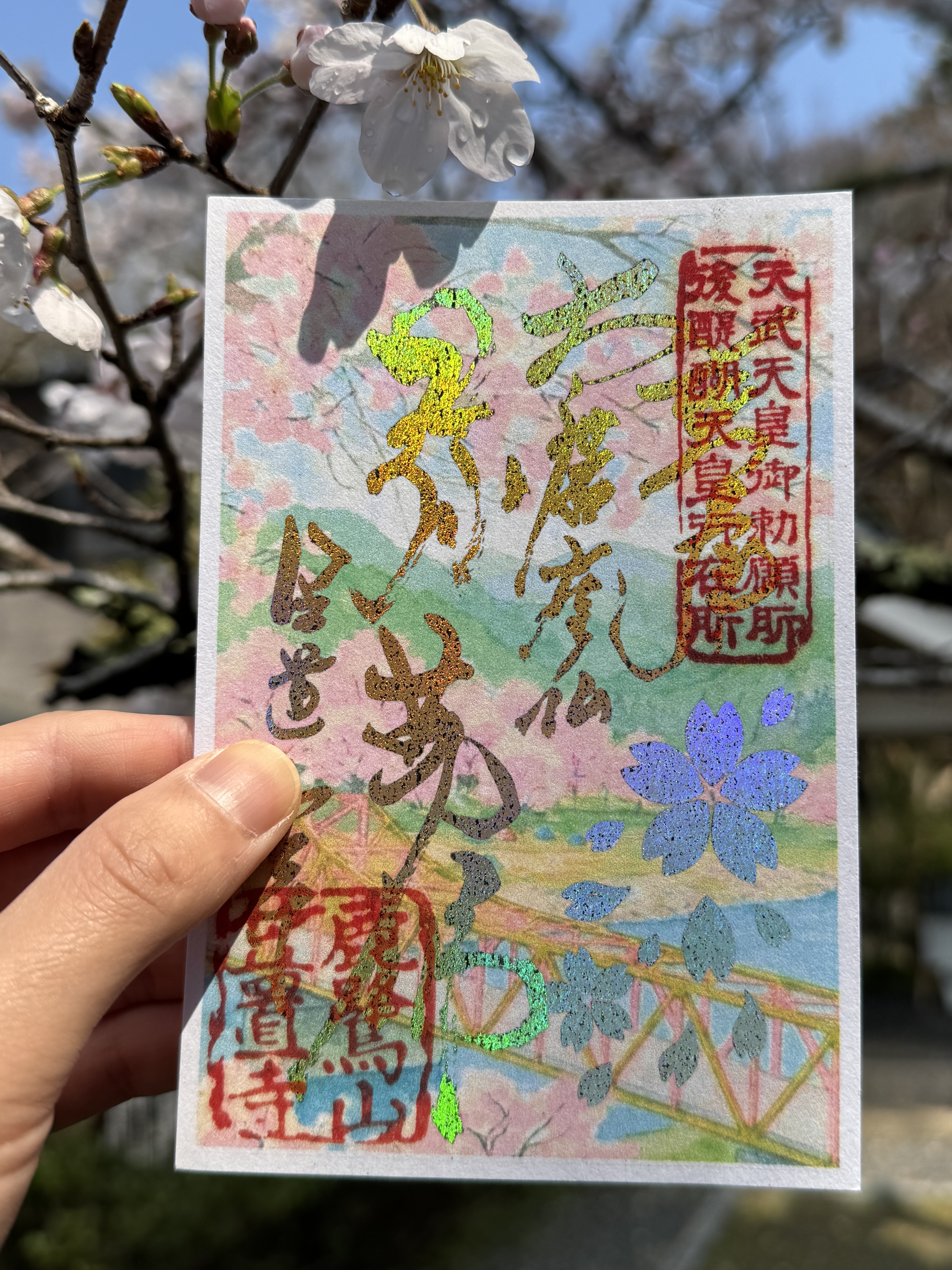 笠置寺の4月限定御朱印。背景には満開の桜と淡いピンクの空、手前には笠置橋と河原の風景が描かれている。金色の箔押しで文字が美しく輝いている。